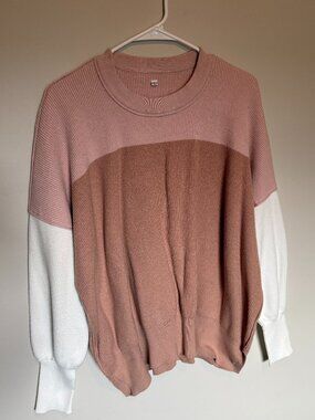 Womens Colorblock Ribbed Knit Sweater Large Blush Tan Cream Long Sleeve Oversize
